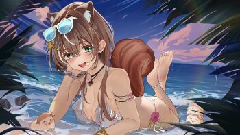 1girl acorn_pendant alternate_costume animal_ears anklet ass ayunda_risu barefoot beach bikini blue_sky breasts brown_hair choppy_bangs cleavage crossed_ankles feet feet_up flower_ornament green_eyes hair_ornament hairpin head_rest highres hololive hololive_indonesia jewelry legs legs_up looking_at_viewer low_twintails lying mascot medium_breasts ocean on_stomach outdoors palm_leaf sand senrankagura101 sky soles solo squirrel_ears squirrel_girl squirrel_tail sunglasses swimsuit tail the_pose toes twintails virtual_youtuber white_bikini
