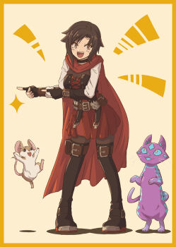 1girl 2others alternate_eye_color alternate_hair_color belt black_choker black_corset black_footwear black_gloves black_hair bodystocking border brown_belt brown_eyes cape choker commentary commentary_request corset curious_cat_(rwby) dress english_commentary fingerless_gloves full_body gloves jumping large_variant_set little_(rwby) long_sleeves looking_at_another medium_hair mixed-language_commentary moai_(moai_world) multiple_others official_alternate_costume pleated_skirt red_cape red_dress red_skirt ruby_rose ruby_rose_(atlas) rwby skirt smile sparkle standing teeth thighhighs upper_teeth_only variant_set yellow_background yellow_border