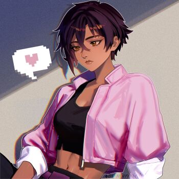 1girl artist_name breasts brown_eyes cleavage closed_mouth commentary crop_top dark-skinned_female dark_skin dispatch face_piercing hair_between_eyes heart highres invisigal_(dispatch) jacket lips marixielumos medium_breasts navel nose_piercing nose_ring open_clothes open_jacket pants piercing pixelated short_hair solo speech_bubble spoken_heart symbol-only_commentary upper_body