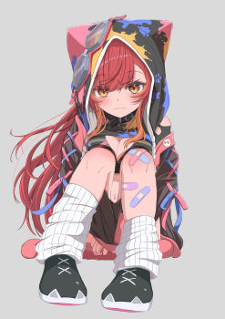 Rule 34 | 1girl, absurdres, animal hood, bandaid, bandaid on leg, black shoes, breasts, bule blue 2, cat hood, cleavage, closed mouth, commentary request, full body, grey background, highres, hood, knees up, long hair, long sleeves, looking at viewer, loose socks, multicolored hair, nekota tsuna, orange eyes, orange hair, red hair, shoes, simple background, sitting, smile, socks, solo, virtual youtuber, vspo!, white socks