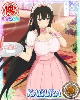 Rule 34 | 1girl, averting eyes, black eyes, black hair, blue pupils, border, breasts, card (medium), character name, cleavage, collar, detached collar, dress, drink, drinking straw, flower-shaped pupils, food, game cg, hand on own face, holding, holding tray, indoors, kagura (senran kagura), large breasts, long hair, macaron, maid headdress, official art, pink collar, pink dress, pink headdress, pink wrist cuffs, see-through clothes, see-through dress, senran kagura, senran kagura new wave, solo, symbol-shaped pupils, third-party source, tray, very long hair, wrist cuffs