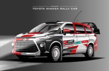 artist_name brembo car commentary dunlop english_commentary grey_background highres indonesian_flag light_rays motor_vehicle no_humans original panasonic_corporation product_placement rlayuta shadow simple_background spoiler_(automobile) toyota toyota_avanza toyota_gazoo_racing vehicle_focus