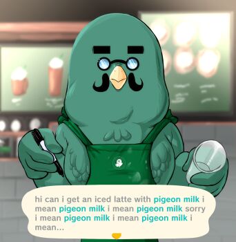 Rule 34 | 1boy, animal crossing, apron, bird, brewster (animal crossing), facial hair, feathers, glasses, highres, iced latte with breast milk (meme), male focus, mustache, nintendo, permanent marker, pigeon, speech bubble, teevo