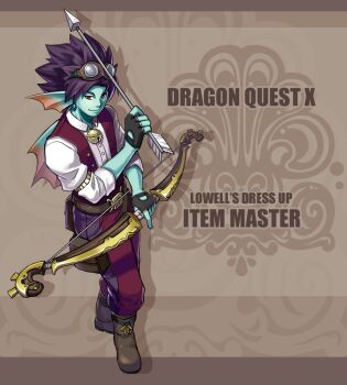 Rule 34 | 1boy, aqua skin, arrow (projectile), back fin, bell, belt, black gloves, blue gemstone, boots, bow (weapon), brown background, brown bag, brown belt, brown boots, colored skin, commentary request, copyright name, dragon quest, dragon quest x, earrings, english text, fingerless gloves, fins, fish boy, flei rainbow, full body, gem, gloves, goggles, goggles on head, head fins, holding, holding arrow, holding bow (weapon), holding weapon, jewelry, looking to the side, male focus, monster boy, neck bell, pants, purple hair, purple pants, red eyes, red pants, red vest, shirt, short hair, sleeves rolled up, smile, solo, spiked hair, two-tone pants, vest, weapon, weddie (dq10), white shirt