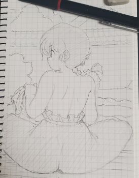 1girl ass bare_arms bare_back bare_shoulders braid braided_ponytail commentary_request from_behind graphite_(medium) greyscale highres looking_to_the_side mage_(harumagedon) monochrome outdoors plump ranma-chan ranma_1/2 single_braid topless_female traditional_media wet wet_clothes wet_hair wringing_clothes