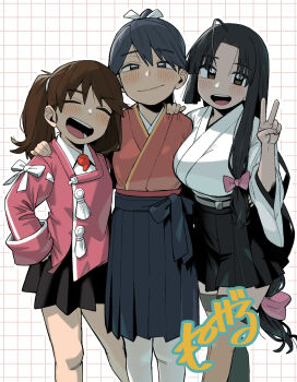 Rule 34 | black hair, black skirt, blush, bow, breasts, brown hair, brown thighhighs, closed eyes, closed mouth, collared shirt, commentary request, geso smith, grid background, hair ribbon, hakama, hakama skirt, hand on another's shoulder, hand on own hip, highres, houshou (kancolle), japanese clothes, kantai collection, kariginu, kimono, large breasts, long hair, low-tied long hair, multiple girls, open mouth, pink bow, ponytail, red kimono, ribbon, ryuujou (kancolle), shirt, shouhou (kancolle), signature, skirt, teeth, thighhighs, twintails, upper teeth only, v, very long hair, white kimono, white ribbon, white shirt