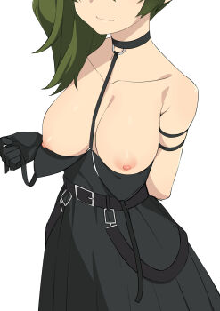 1girl arm_behind_back belt black_belt black_choker black_gloves black_skirt breasts breasts_out choker closed_mouth clothes_pull gloves head_out_of_frame highres medium_breasts morisobo nipples pleated_skirt pulling_own_clothes shirt_pull simple_background skirt smile solo sousou_no_frieren suspenders ubel_(sousou_no_frieren) white_background