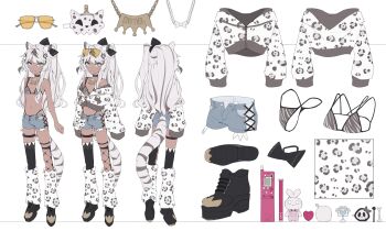 1girl absurdres animal_ears animal_print aviator_sunglasses black_bow black_hair blue_eyes boots bow cellphone commentary cutoffs dark-skinned_female dark_skin denim denim_shorts english_commentary fishnets flip_phone gaomi_goro gold_necklace hair_bow highres indie_virtual_youtuber jacket jewelry kamameshi_gougoumaru leg_warmers leopard_print long_hair midriff multicolored_hair multiple_views navel necklace off-shoulder_jacket off_shoulder official_alternate_costume official_art one_side_up open_fly partially_open_jacket partially_unzipped phone platform_boots reference_sheet scar_on_thigh second-party_source short_shorts shorts simple_background single_thighhigh skull_ornament sleeves_past_wrists smile streaked_hair studded_choker sunglasses tail tan tanline tanline_peek thigh_strap thighhighs tiger_ears tiger_girl tiger_print_bikini tiger_tail turnaround virtual_youtuber white_background white_hair white_jacket white_leg_warmers white_tiger_print