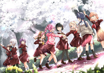 6+girls absurdres anyoji_hime aqua_eyes aqua_neckerchief arm_up black_bow black_hair black_pantyhose black_socks blonde_hair blue_eyes blue_hair blue_ribbon blunt_bangs blunt_ends bob_cut bow bow_legwear breasts brown_dress brown_hair brown_shoes cardigan cherry_blossoms closed_eyes commentary_request derivative_work dress dutch_angle falling_petals flower fujishima_megumi gradient_hair green_eyes grey_cardigan hair_flower hair_intakes hair_ornament hair_ribbon hasu_no_sora_school_uniform highres hinoshita_kaho hood hooded_jacket inverted_bob jacket kachimachi_kosuzu leg_up link!_like!_love_live! loafers long_hair long_sleeves love_live! low_twintails medium_breasts medium_dress medium_hair momose_ginko multi-tied_hair multicolored_hair multiple_girls murano_sayaka neckerchief open_clothes open_jacket orange_hair osawa_rurino otomune_kozue outdoors pantyhose petals pink_eyes pink_flower pink_hair pink_jacket pleated_dress polymer77721 ponytail profile purple_hair rabbit_hair_ornament red_neckerchief ribbon sailor_collar sailor_dress school_uniform shoes short_hair side_ponytail sidelocks socks standing twintails two_side_up virtual_graduation_commemoration virtual_youtuber white_hair white_sailor_collar white_socks winter_uniform yellow_neckerchief yugiri_tsuzuri