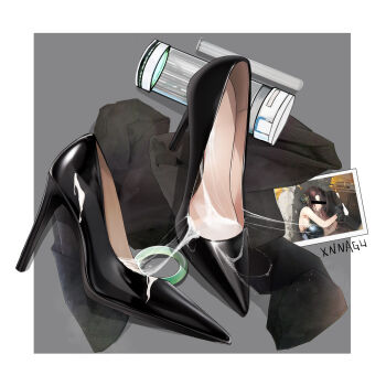 1girl bar_censor black_footwear breasts censored censored_identity cum cum_in_container cum_on_clothes dress high_heels highres jewelry no_humans photo_(object) ring shoes stiletto_heels xnnagu