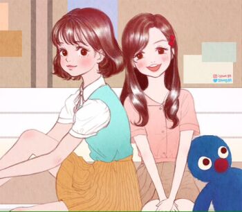 2girls bench blush bob_cut brown_hair commentary_request eunha_(gfriend) eyelashes gfriend instagram_username korean_commentary long_hair looking_at_viewer lowres multiple_girls on_bench roller_skates short_sleeves sitting skates skirt smile spang_pang stuffed_toy twitter_username yerin_(gfriend)