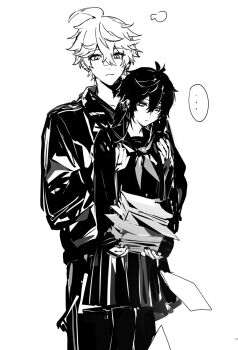 ... 2boys aged_down alternate_costume crossdressing crossdressing_(mtf) genshin_impact greyscale hamtaru542899 highres holding holding_paper holding_person monochrome mors_gn multiple_boys paper school_uniform speech_bubble tartaglia_(genshin_impact) twitter white_background yaoi zhongli_(genshin_impact)