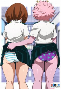 2girls artist_name ashido_mina ass black_skirt blue_panties boku_no_hero_academia brown_hair clothes_lift colored_skin commentary from_behind horns multiple_girls panties pink_hair pink_skin polka_dot polka_dot_panties purple_panties school_uniform shirt short_hair skirt skirt_lift standing striped_clothes striped_panties tsuranukko u.a._school_uniform underwear uraraka_ochako white_panties white_shirt