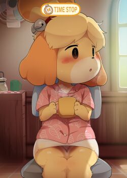 1girl :o @_@ animal_crossing animal_ears animal_nose black_eyes blonde_hair blush blush_stickers body_fur buttons chair chibi cup dagasi day dog_ears dog_girl empty_eyes furry furry_female highres holding holding_cup indoors isabelle_(animal_crossing) looking_to_the_side miniskirt nintendo office_chair panties pantyshot parted_lips shirt short_sleeves sitting skirt snout solo steam swivel_chair time_stop topknot underwear upskirt user_interface white_panties window yellow_fur