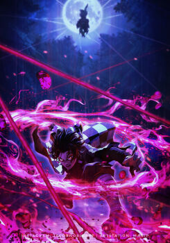 1boy 1girl absurdres angry artist_name black_pants blood blurry bound brother_and_sister charging_forward checkered_clothes commentary cuts demon_slayer_uniform depth_of_field dirty dirty_face earrings english_commentary fire flaming_sword flaming_weapon floating_hair forest full_moon hair_between_eyes haori highres holding holding_sword holding_weapon incoming_attack injury japanese_clothes jewelry kamado_nezuko kamado_tanjirou kimetsu_no_yaiba leg_wrap legs_apart long_hair long_sleeves looking_at_viewer manip moon nature night open_mouth outdoors outstretched_arms pants pink_fire red_eyes red_hair restrained sandals scar scar_on_face scar_on_forehead short_hair siblings sky solo_focus spinning string sword tabi tied_up_(nonsexual) upside-down weapon wide_sleeves zouri