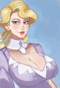 1girl blonde_hair blue_background blue_eyes breasts cleavage detached_collar dress glacia_(pokemon) large_breasts lipstick looking_at_viewer makeup naliin10 pokemon pokemon_omega_ruby_and_alpha_sapphire red_lips sketch smile solo upper_body