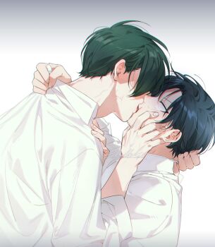 Rule 34 | 2boys, black hair, blue lock, clothes grab, collared shirt, commentary, french kiss, from side, grabbing another's shirt, gradient background, green hair, grey background, isagi yoichi, itoshi rin, kiss, male focus, multiple boys, no pupils, sanddek, shirt, short hair, simple background, turn pale, two-tone background, upper body, veins, white background, white shirt, yaoi