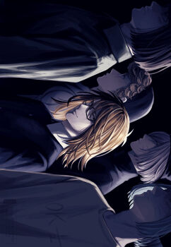 5boys black-framed_eyewear black_background character_request check_character closed_mouth collared_shirt commentary_request gakuran glasses grey_shirt height_difference highres long_sleeves looking_at_viewer male_focus medium_hair multiple_boys nil_(pixiv_53614557) nyen_(randal's_friends) nyon_(randal's_friends) orange_hair randal's_friends randal_ivory rectangular_eyewear school_uniform sebastian_de_tomato_smith_chicken_legs shirt sideways simple_background upper_body