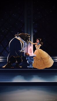 1boy 1girl beast_(disney) beauty_and_the_beast_(disney) belle_(disney) blue_eyes brown_eyes brown_hair dress earrings elbow_gloves gloves hana_(haruharu-michimichi83) jewelry long_hair ponytail short_hair smile yellow_dress