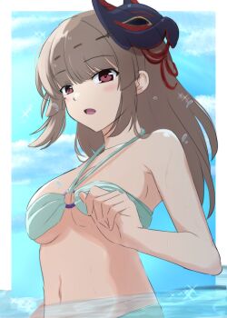 1girl beach bikini blush breasts brown_hair cloud cloudy_sky commentary_request fox_mask heaven_burns_red highres kiryuu_miya lelie_(lelie_link) mask mask_on_head medium_breasts open_mouth red_eyes sky swimsuit water
