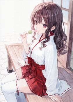 1girl absurdres breasts brown_hair commentary curly_hair dango eating food hakama hakama_short_skirt hakama_skirt highres holding holding_food holding_skewer japanese_clothes looking_at_viewer looking_to_the_side mannmaruu miko original painting_(medium) red_eyes ribbon-trimmed_skirt ribbon-trimmed_sleeves ribbon-trimmed_thighhighs ribbon_trim sanshoku_dango shouji sitting skewer skirt sliding_doors small_breasts solo swept_bangs tatami thighhighs traditional_media veranda wagashi watercolor_(medium) white_kosode white_thighhighs zettai_ryouiki