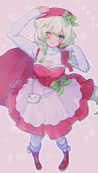 1girl absurdres animal_ears bag braid breasts cleavage_cutout clothing_cutout commentary dress english_commentary ferret_ears ferret_girl ferret_tail food fruit green_eyes green_hair green_tail handbag hat heart_cutout highres indie_virtual_youtuber kokomi_(aniesuakkaman) laimu_(vtuber) lime_(fruit) lime_slice long_sleeves multicolored_tail one_eye_closed pink_background pink_dress simple_background smile tail twin_braids virtual_youtuber white_hair white_tail