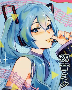 1girl bare_shoulders blue_eyes blue_hair blue_nails bright_pupils clip_studio_paint_(medium) commentary dazed_pedler double-parted_bangs english_commentary fingernails grey_shirt hair_between_eyes hand_up hatsune_miku highres long_hair looking_at_viewer musical_note nail_polish parted_lips shirt sleeveless sleeveless_shirt smile solo sparkle thumb_to_mouth translation_request twintails upper_body vocaloid white_pupils