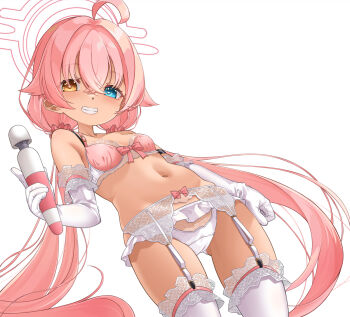 1girl blue_archive blue_eyes bow bra elbow_gloves garter_belt garter_straps gin_(shioyude) gloves grin halo heterochromia highres hitachi_magic_wand holding hoshino_(blue_archive) loli low_twintails navel orange_eyes panties pink_hair pink_panties sex_toy smile solo thighhighs twintails underwear vibrator white_panties