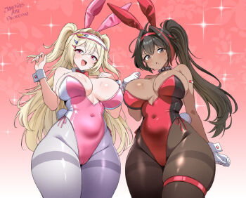 :o alternate_costume animal_ears artist_name bay_(nikke) black_eyes black_hair black_pantyhose blonde_hair breasts cameltoe clay_(nikke) commentary covered_navel cowboy_shot dark-skinned_female dark_skin fake_animal_ears gloves goddess_of_victory:_nikke hair_intakes hairband jarckius large_breasts leotard long_hair multicolored_hair open_mouth pantyhose pink_background pink_leotard playboy_bunny ponytail rabbit_ears red_eyes red_hairband red_leotard streaked_hair two-tone_hair two_side_up visor_cap white_gloves white_pantyhose wrist_cuffs