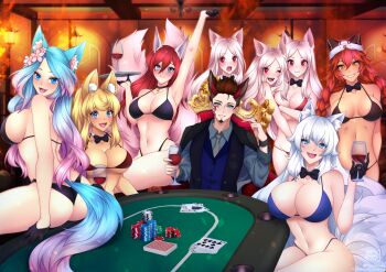 animal_ears bikini blonde_hair blue_eyes bow bowtie brown_hair card_game cerberus_(helltaker) facial_tattoo fox_ears fox_tail gloves heterochromia highres liru lumi_(merryweather) lupusregina_beta miikecchi original overlord_(maruyama) poker_table red_eyes red_hair silvervale swimsuit table tail tattoo virtual_youtuber white_hair wolf_ears wolf_tail