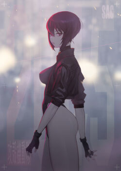 1girl absurdres breasts cyberpunk cyborg duto fingerless_gloves from_side ghost_in_the_shell ghost_in_the_shell:_sac_2045 gloves heattech_leotard highleg highleg_leotard highres jacket kneehighs kusanagi_motoko leotard looking_at_viewer open_clothes open_jacket purple_hair short_hair sleeves_rolled_up socks solo turtleneck