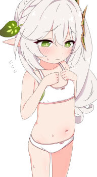 1girl azbchan1221 bow bow_panties bra genshin_impact green_eyes highres loli long_hair nahida_(genshin_impact) navel panties pointy_ears side_ponytail simple_background solo training_bra underwear underwear_only white_background white_bra white_hair white_panties
