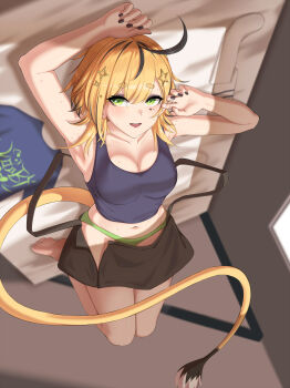 1girl absurdres ahoge bed bed_sheet blonde_hair blush breasts commentary commission dooby english_commentary green_eyes green_panties highres hui_yu indie_virtual_youtuber indoors lying multicolored_hair on_back on_bed open_mouth panties shirt short_hair skirt smile solo streaked_hair sweat tail tank_top underwear virtual_youtuber