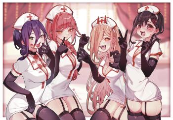 4girls black_choker black_gloves black_thighhighs blonde_hair blood blood_on_clothes blood_on_face braid breasts brown_eyes brown_hair chainsaw_man choker cleavage commentary crying crying_with_eyes_open demon_girl demon_horns double_v dress elbow_gloves gloves green_eyes grenade_pin hair_between_eyes hair_over_one_eye hat higashiyama_kobeni highres horns lianbiglian long_hair looking_at_viewer makima_(chainsaw_man) medium_breasts medium_hair multiple_girls nurse nurse_cap open_mouth power_(chainsaw_man) purple_hair red_hair red_horns reze_(chainsaw_man) severed_tongue sharp_teeth short_dress small_breasts symbol-only_commentary tears teeth thighhighs v white_dress yellow_eyes