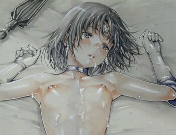 1girl bishoujo_senshi_sailor_moon black_hair breasts choker circlet crystal_earrings cum cum_on_body cum_on_breasts cum_on_upper_body earrings elbow_gloves facial gloves jewelry katsu_(24791909) lips marker_(medium) medium_hair nipples purple_eyes sailor_saturn silence_glaive small_breasts solo tomoe_hotaru traditional_media white_gloves