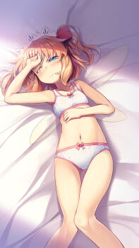1girl arm_up armpits bed blonde_hair blue_eyes blush bow bow_panties bra breasts chima_q commentary_request fairy fairy_wings gluteal_fold half-closed_eye hand_on_own_head hand_on_own_stomach highres loli long_hair lying maid_headdress on_back one_eye_closed panties small_breasts smile solo sunny_milk thigh_gap thighs touhou training_bra twintails underwear underwear_only white_bra white_panties wings