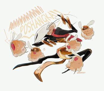 Rule 34 | 1girl, :3, antennae, arthropod girl, artist name, bag, ben-day dots, chakram, chinese commentary, closed mouth, commentary request, fangs, flea (hollow knight), from side, halftone, helmet, highres, hightguy, hollow knight, hollow knight: silksong, open mouth, red bag, screentones, shakra (hollow knight), shoulder bag, smile, weapon, white background, white mask