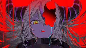 1girl broken_skin collar cracked_skin crumbling demon_horns grey_hair hair_between_eyes highres hole_in_face hole_in_head hollow_body hololive horns la+_darknesss la+_darknesss_(1st_costume) long_hair looking_at_viewer marshmallow_(vocaloid) metal_collar multicolored_hair official_art open_mouth portrait purple_hair red_background red_pupils second-party_source solo streaked_hair striped_horns tears virtual_youtuber xoxzxox yellow_eyes