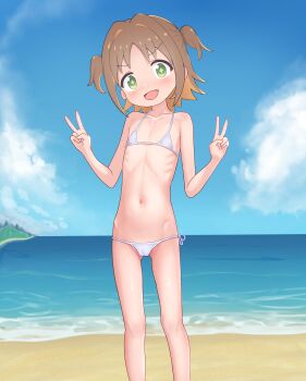 1girl absurdres beach bikini blue_sky brown_hair cameltoe collarbone colored_inner_hair day dot_nose double_v emaciated eyebrows fang feet_out_of_frame female_focus flat_chest green_eyes hands_up highres loli looking_at_viewer medium_hair micro_bikini multicolored_hair navel ocean oka_asahi onii-chan_wa_oshimai! open_mouth orange_hair outdoors pepzi ribs sand short_twintails side-tie_bikini_bottom sky smile solo standing star-shaped_pupils star_(symbol) swimsuit symbol-shaped_pupils twintails two-tone_hair v variant_set w_arms water white_bikini