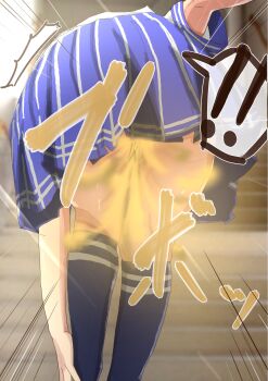 1girl anus aoi_toyomimasu ass ass_focus black_hair blue_eyes dirty_ass fart highres huge_ass ichinomiya_asumi legs long_hair panties perineum school_uniform shirt skirt smell smelly_anus socks underwear