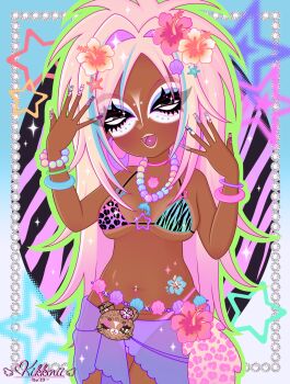 Rule 34 | 1girl, aegyo sal, animal print, bangle, bead bracelet, bead necklace, beads, bikini, blue eyeshadow, blue hair, bracelet, breasts, bridge piercing, dark-skinned female, dark skin, eyelashes, eyeshadow, face piercing, fingernails, flower, ganguro, gyaru, gyaru makeup, hair intakes, hair ornament, hibiscus, highlighter (makeup), highres, jewelry, kikkorii, leopard print, lipstick, long fingernails, long hair, looking at viewer, makeup, manba gyaru, mascara, multicolored hair, nail art, navel, navel piercing, necklace, original, overdrawn eyeliner, piercing, pink hair, shell, shell hair ornament, smile, solo, starfish hair ornament, swimsuit, tan, tanline, tattoo, tongue piercing, very dark skin, white eyeshadow, white lips