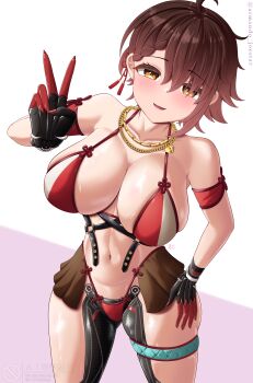 1girl absurdres ahoge alternate_breast_size_(larger) android armanditto armband bare_shoulders bikini blush braid breasts brown_hair chain chain_necklace collarbone cowboy_shot gold_necklace gradient_hair hair_between_eyes hair_over_one_eye half-closed_eyes hand_on_own_hip hand_up harness heart heart_necklace highres hololive jewelry large_breasts looking_at_viewer mechanical_hands mechanical_legs multicolored_bikini multicolored_hair navel necklace open_mouth parted_lips pink_background red_bikini revealing_clothes roboco-san short_hair side-tie_bikini_bottom signature single_sidelock skindentation smile solo standing string_bikini swimsuit thick_thighs thigh_strap thighs twitter_username two-tone_background two-tone_bikini v virtual_youtuber watermark white_background white_bikini yellow_eyes