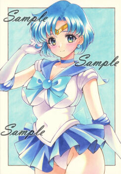 1girl bishoujo_senshi_sailor_moon blue_choker blue_eyes blue_sailor_collar blue_skirt breasts choker collarbone earrings gloves jewelry large_breasts looking_at_viewer magical_girl miyakooo0420 mizuno_ami panties sailor_collar sailor_mercury sailor_senshi_uniform sample_watermark skirt solo traditional_media underwear watermark white_gloves white_panties