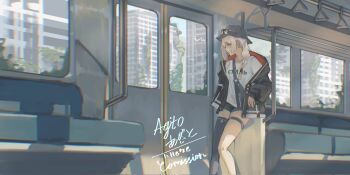 1girl agito_(agitoishere) artist_name asymmetrical_legwear aviator_sunglasses black_coat black_shorts blonde_hair blue_eyes braid bucket_hat building coat commentary commission commissioner_upload day ear_piercing earrings english_commentary fanny_pack feet_out_of_frame hat highres jewelry legband long_hair multiple_earrings original piercing ruins shirt shorts side_braid signature skyscraper solo standing sunglasses thighhighs train white_shirt yume_(shuii)