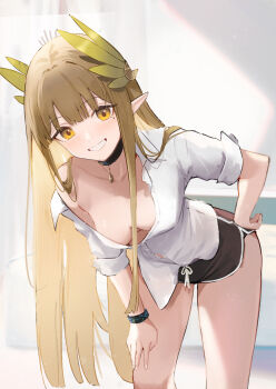 1girl absurdres arknights black_choker blonde_hair breasts choker commentary_request dolphin_shorts downblouse elf ema_(kuguiema) feather_hair highres laurel_crown laurels looking_at_viewer mole mole_under_eye muelsyse_(arknights) multicolored_eyes no_bra pointy_ears shorts solo two-tone_eyes white_hair yellow_eyes
