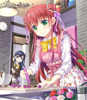 Rule 34 | 2girls, battle spirits, black pantyhose, blazer, blue hair, bow, brown jacket, chocolate, clock, closed mouth, commentary request, cooking, copyright logo, copyright name, diana fleur, double bun, flower, fujima takuya, green eyes, hair bun, hair ribbon, holding, indoors, jacket, kitchen, logo, long hair, mixing bowl, multiple girls, noa fleur, official art, open mouth, pantyhose, pink flower, pink ribbon, red flower, red hair, ribbon, school uniform, shirt, skirt, wall clock, whisk, white flower, white shirt, white skirt, yellow bow