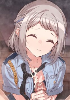 1boy 1girl ^_^ blue_shirt breasts censored cleavage closed_eyes closed_mouth collarbone commentary_request cum cum_on_body cum_on_breasts cum_on_upper_body erere gakuen_idolmaster grey_hair handjob hetero idolmaster katsuragi_lilja medium_breasts mosaic_censoring penis police police_uniform policewoman shirt short_hair short_sleeves smile solo_focus