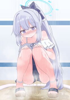 Rule 34 | 1girl, absurdres, blue archive, blue halo, blue one-piece swimsuit, blush, bow, casual one-piece swimsuit, closed mouth, commentary request, commission, frilled one-piece swimsuit, frills, grey hair, hair bow, halo, highres, lmc (lmcgarage), long hair, miyako (blue archive), miyako (swimsuit) (blue archive), nose blush, off-shoulder one-piece swimsuit, off shoulder, official alternate costume, one-piece swimsuit, pee, peeing, peeing self, pixiv commission, ponytail, puddle, purple eyes, sandals, solo, squatting, swimsuit