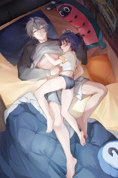 absurdres bare_legs barefoot bed belle_(zenless_zone_zero) blanket blue_hair blue_panties brother_and_sister closed_eyes grey_hair grey_shirt grey_shorts hair_ornament hand_under_clothes highres letter_hair_ornament lying on_back on_bed open_mouth panties pillow poster_(object) qingkefu_yixia shirt shorts siblings sleeping sleeping_on_person stuffed_toy teeth underwear white_shirt wise_(zenless_zone_zero) zenless_zone_zero