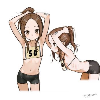 1girl absurdres adjusting_hair armpits bike_shorts blush breasts brown_eyes brown_hair closed_mouth commentary cropped_legs flat_chest from_side highres karakai_jouzu_no_takagi-san lander0808 leaning_forward loli looking_at_viewer medium_hair multiple_views navel nipple_slip nipples petite ponytail revealing_clothes sideboob signature simple_background skinny stomach takagi-san track_uniform white_background